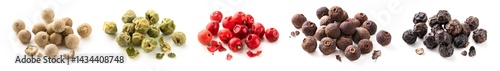 Set of various type peppercorns isolated on white background. Allspice, black, green, white, red pepper heaps collection.