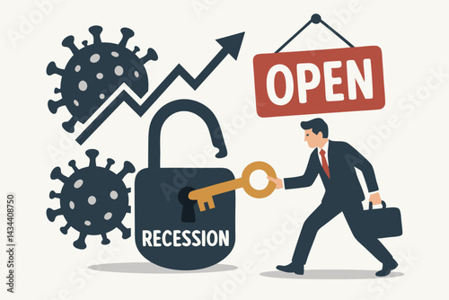 Post-pandemic economic recovery vector: Businessman unlocking recession padlock with golden key towards open sign and growth graph, symbolizing business success after virus crisis.