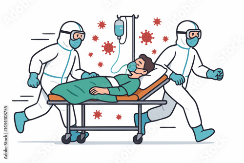 Vector illustration of frontline medical team in full PPE hazmat suits urgently transporting a critical patient on a stretcher with oxygen during a contagious virus pandemic outbreak crisis.