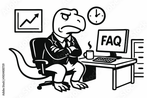Angry Dinosaur Boss in Suit at Office Desk with Computer FAQ and Growth Chart - Vector cartoon illustration of a grumpy corporate leader, outdated manager character, black and white style.