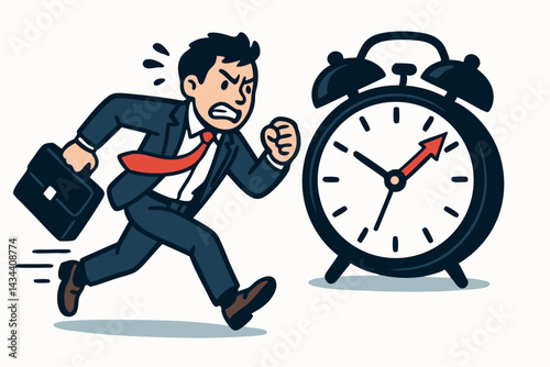 Anxious businessman with briefcase racing against a large alarm clock symbolising urgent deadlines, time pressure, and the stress of corporate time management challenges. Vector art.