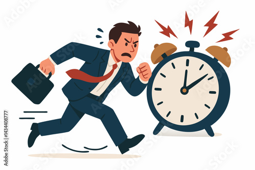 Deadline rush concept vector illustration. Stressed businessman in a suit running fast with a briefcase, escaping a loud ringing alarm clock symbolizing time pressure and urgency.