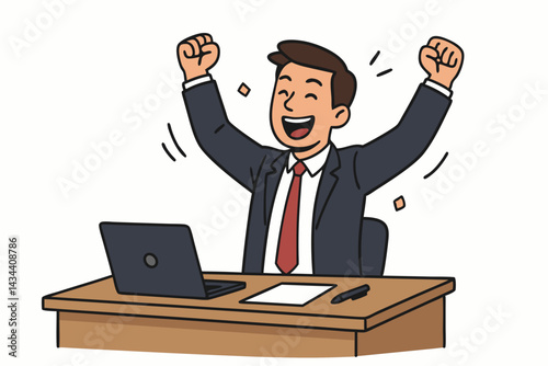 Happy businessman vector illustration celebrating achievement at work. Joyful manager in suit cheers for success, victory, and hitting targets while sitting at office desk.