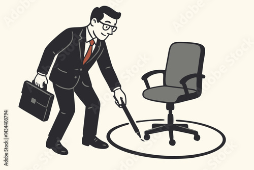 Vector graphic showing a male employee with a briefcase drawing a line around an office chair, representing career comfort zone, boundaries, and professional space.