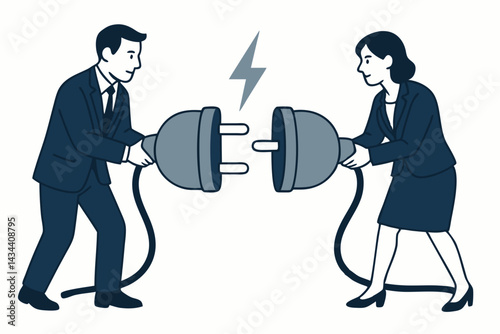 Business man and woman connecting giant electric plugs, symbolizing collaboration and partnership. Simple vector illustration representing teamwork, synergy, and powering business success.