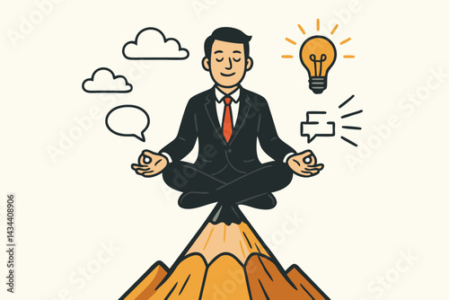 Mindful businessman in lotus pose meditates atop a pencil peak for creative inspiration. Vector illustration symbolizing focus, innovative ideas, brainstorming, and clarity.