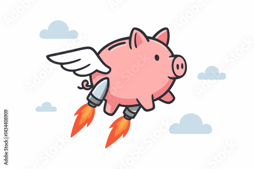 Flying Piggy Bank with Rocket Boosters Soaring Skyward, a Vector Cartoon Illustrating Fast Financial Growth, Investment Success, and Rocket-Powered Savings Goals.