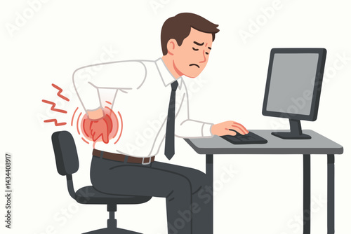 Businessman suffering from acute backache due to long hours sitting at computer desk, concept of office syndrome, ergonomic issues, and health problems from work, flat vector illustration