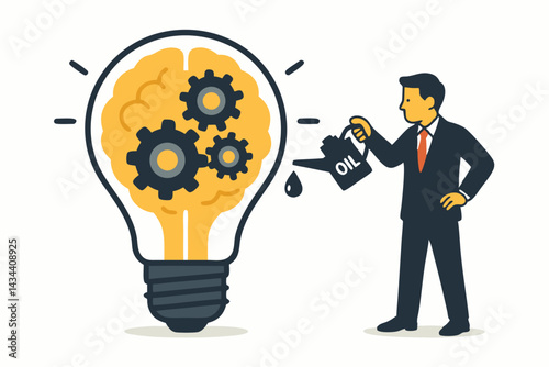 Maintaining Ideas: Businessman lubricates gears inside a brain lightbulb, vector illustration concept for innovation, creativity boost, mental maintenance, and process optimization.