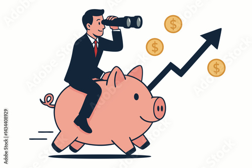Businessman riding a running piggy bank uses binoculars for financial vision, forecasting investment growth, savings strategy, profit increase, and future economic success vector illustration.