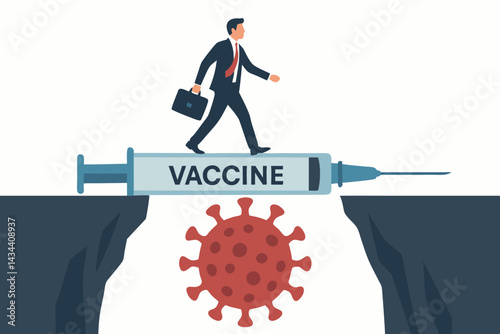 Metaphorical illustration: Businessman crosses abyss with COVID-19 virus using a vaccine syringe bridge, symbolizing protection, healthcare solution, and economic recovery.