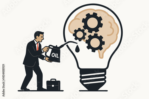 Maintaining Brainpower: Businessman with Oil Can Lubricates Gears in a Brain Lightbulb Metaphor for Business Optimization, Strategic Thinking, and Innovative Ideas Vector.