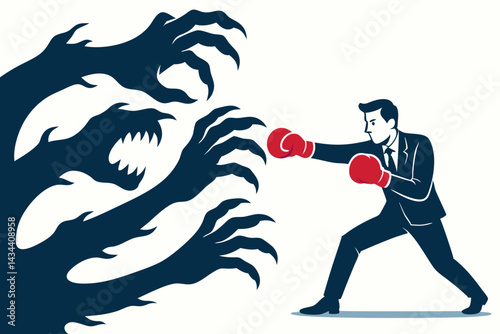 Determined businessman in suit and boxing gloves punches a dark shadow demon, representing battling corporate obstacles, confronting fear, and achieving success. Flat vector graphic.