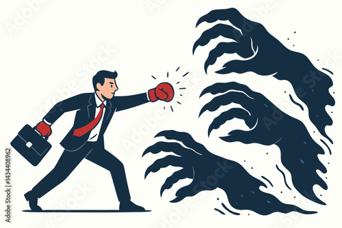 Courageous Businessman wearing boxing gloves fighting against menacing shadow monster hands, overcoming corporate challenges, adversity, and fear. Vector illustration concept
