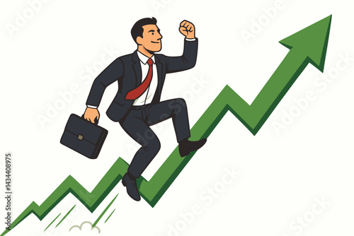 Businessman running up a green arrow graph, symbolizing stock market bull surge, financial growth, career success, and positive investment trend vector illustration.