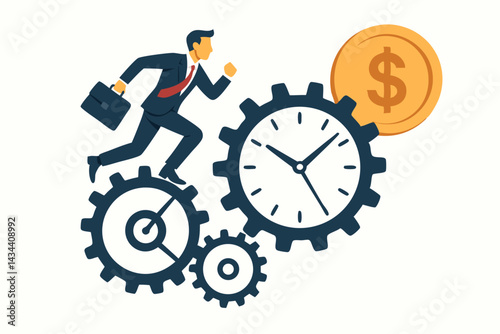 Time is money concept vector illustration with businessman running on clock gears towards dollar coin, symbolizing financial race, productivity, efficiency and career goals.