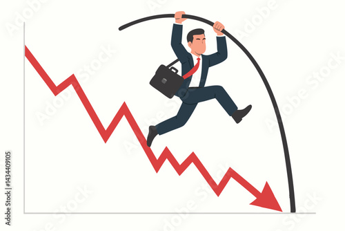 Resilient businessman pole vaults over downward financial graph, metaphor for overcoming market crisis, navigating investment risk, business strategy, and success.