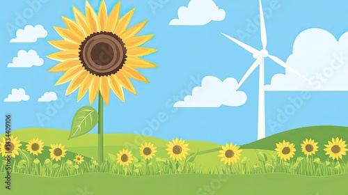 Vibrant illustration of a sunflower field with a wind turbine under a sunny sky.