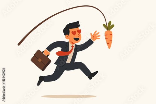 Ambitious Businessman Eagerly Chasing a Dangling Carrot Incentive on a Stick, Business Motivation Metaphor Vector Illustration for Goals, Rewards, and Pursuit