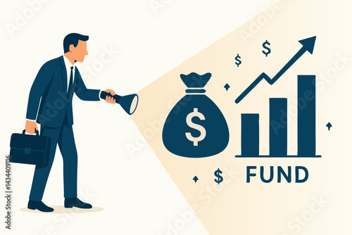 Investment advisor with flashlight discovers profitable fund opportunities, illustrated by money bag and rising bar graph. Vector concept for financial analysis and wealth growth strategy.