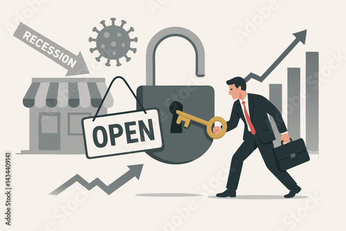 Unlocking Economic Growth: Businessman uses golden key to open padlock, symbolizing business reopening, recovery from recession and pandemic challenges for financial success vector.