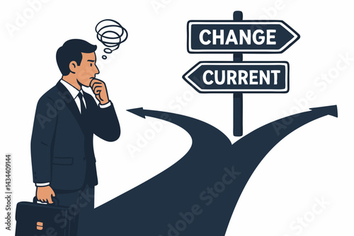 Professional Businessman Thinking at Decision Point Crossroads Sign with Change and Current Options, Career Path Dilemma and Business Strategy Choice Concept Vector Illustration