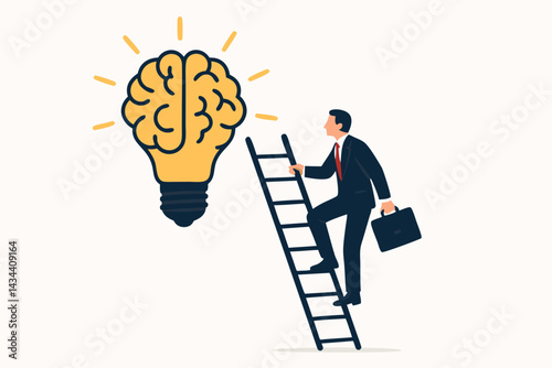 Ambitious businessman with briefcase ascends a ladder to reach a bright brain lightbulb, illustrating the path to creativity, innovative solutions, and intellectual growth vector concept.