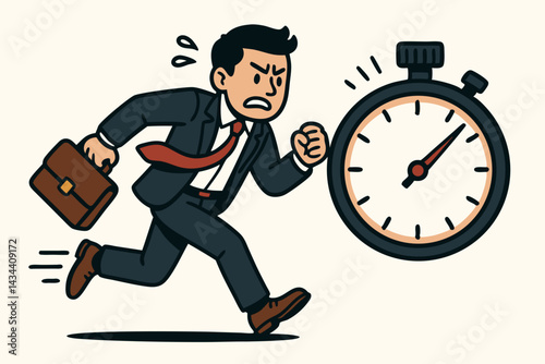 Stressed cartoon businessman in a suit running with a briefcase, racing against a large stopwatch symbolizing urgent deadlines, time pressure, and business competition vector illustration.