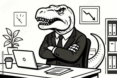 Furious Dinosaur Boss Tyrannosaurus Rex CEO in Business Suit Sitting Annoyed at Office Desk with Arms Crossed Corporate Humor and Metaphor Vector Line Art Illustration