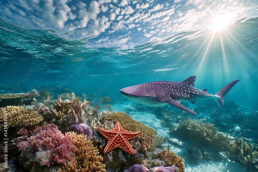 Fototapeta premium colorful underwater landscape with coral and whale shark 