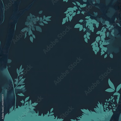 abstract blue background with tree branches and leaves, abstract illustration.