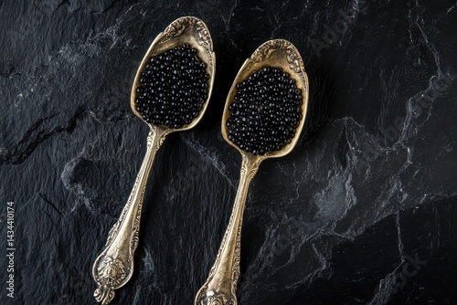 Pair of antique silver spoons with black sturgeon caviar on dark slate overhead shot empty space