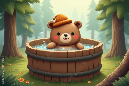 Chonky Bear Soaking in Hot Spring: Cozy Forest Animation Scene with Warm Colors
