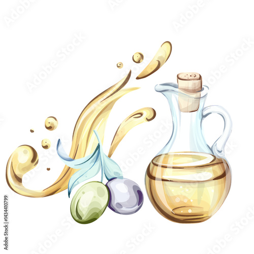 Olives and olive oil illustrated in watercolor reflecting the essence of Italian cuisine and natures beauty