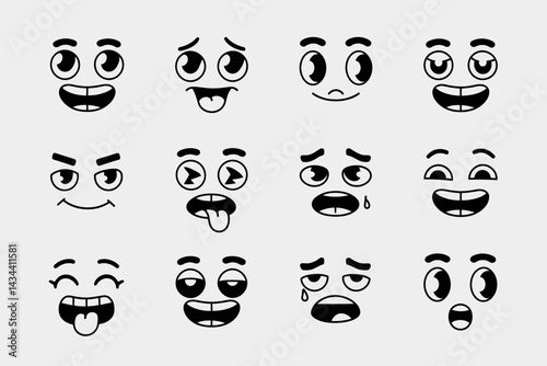 A collection of twelve cartoon-style faces exhibits a range of emotions, from happiness and cheekiness to sadness and confusion