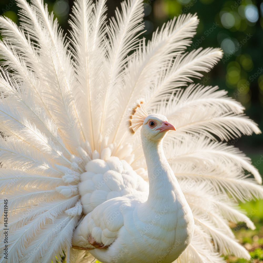 Fototapeta premium Elegant white peacock displaying its feathers in a garden 