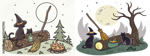 Cozy forest clearing under a full moon, a witch hat resting on a broomstick leaned against a log, glowing potion bottles scattered around a crackling campfire