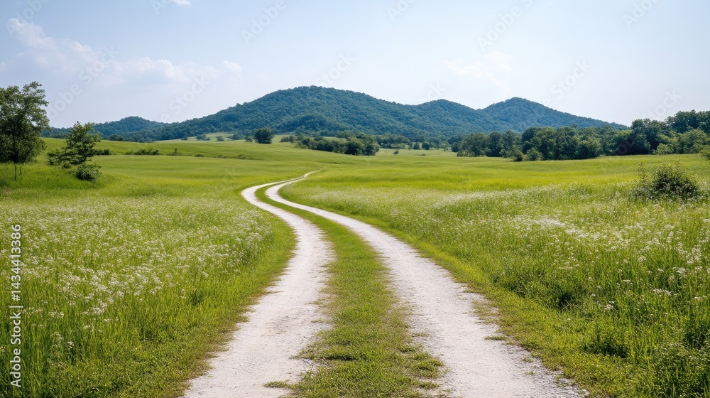 Naklejka premium Scenic country road winding through lush green fields and hills