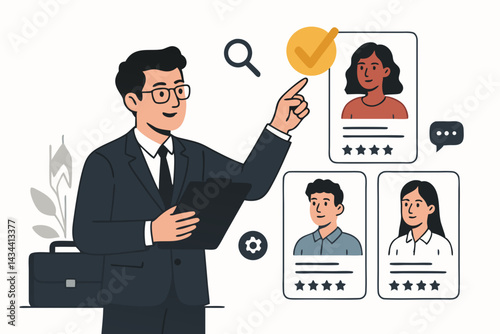 Hiring manager selects top job candidate profile with checkmark. Vector illustration of recruitment process, human resources, talent acquisition, employee search, and job interview.