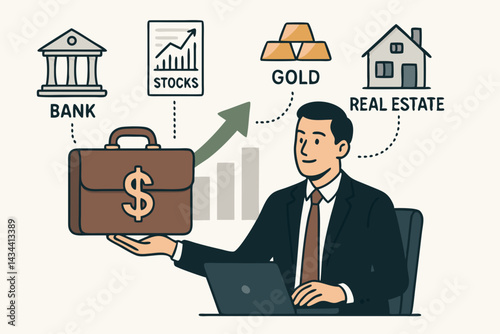 Diversifying financial portfolio concept. Businessman managing investments in bank, stocks, gold, real estate via laptop for wealth building and asset allocation strategy. Vector illustration.