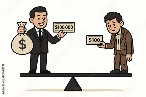 Vector Cartoon Illustrating the Wealth Gap: Rich Man with $100,000 Salary and Money Bag Outweighs Poor Man with $100 Wage on Scale, Depicting Financial Disparity and Income Inequality.