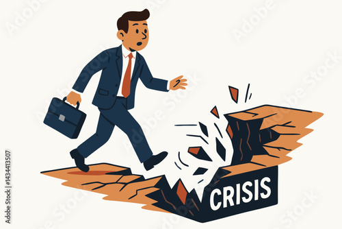 Unaware businessman with briefcase walks towards a crumbling abyss labeled Crisis, symbolizing impending business failure, financial risk, economic downturn, market collapse, and unseen danger.