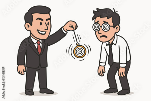 Businessman using hypnosis with pendulum to influence employee. Vector concept of corporate manipulation, mind control, persuasion, suggestion, trance, compliance, and workplace power dynamics.