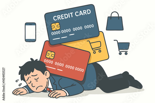 Stressed businessman crushed under the heavy weight of multiple credit cards, symbolizing overwhelming financial burden, debt crisis, and excessive consumer spending illustration.