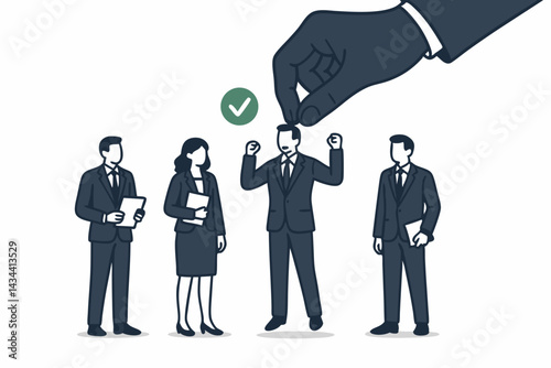 Vector Illustration of HR Hand Selecting Ideal Candidate. Businessman chosen from job applicants lineup, successful recruitment, talent acquisition, hiring process concept for business.
