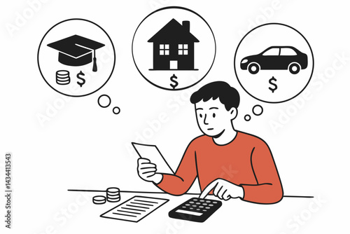 Man using calculator for financial planning, budgeting for major life expenses including student debt, buying a home, and car payment. Personal finance money management vector illustration.