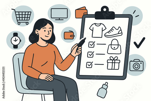 Woman creating shopping list for future purchases on clipboard checklist. Vector concept for planning, budgeting, consumerism with icons like clothes, electronics, gifts, cart.