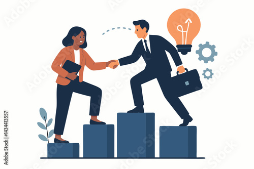 Teamwork and Partnership for Success: Businessman and businesswoman shake hands on ascending chart steps, flat vector concept for career growth, collaboration, ideas, and corporate achievement.
