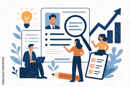 Crafting the perfect resume vector concept. Business people collaborate on CV writing and analysis for job search success, recruitment, hiring process, and career development.