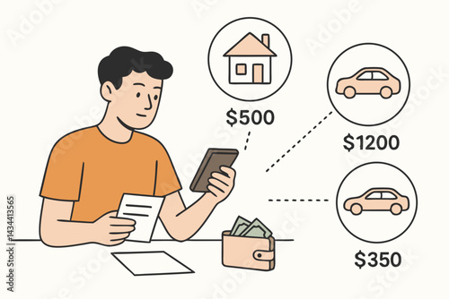 Personal finance management vector concept. Young man calculating budget and tracking monthly expenses like home mortgage and car payments using a mobile phone app. Flat line art illustration.